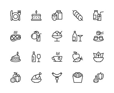 Yemek ile ilgili vektör doğrusal simgeleri ayarlandı. Tabak, pasta, meyve suyu, şiş, biftek, dondurma, suşi, beslenme gibi ikonlar içerir. Beyaz arkaplanda izole gıda ikonları koleksiyonu.