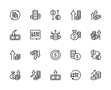 Para hareketi bağlantılı vektör doğrusal simgeleri ayarlandı. Para, para transferi, nakit, akış, finans, ödeme ve daha fazlası gibi ikonlar içerir. Beyaz arkaplanda izole para hareketi ilgili simgeler koleksiyonu.