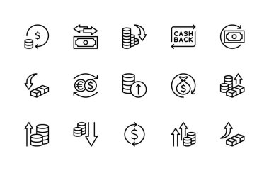 Para hareketi bağlantılı vektör doğrusal simgeleri ayarlandı. İzole ikon koleksiyonu, bankacılık, fintech, ekonomi, iş, kablo, kar, kazanç ve daha fazlası gibi. İzole edilmiş para akışı koleksiyonu.