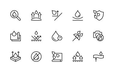 Su direnci bağlantılı vektör doğrusal simgeleri ayarlandı. İzole ikon koleksiyonu, mühürlü, sızıntı, sıçramaya dayanıklı, büyütme, güvenlik, koruma ve daha fazlası gibi. Su geçirmez ikon koleksiyonu.