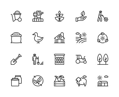 Tarım bağlantılı vektör doğrusal simgeleri ayarlandı. Alan, ekme, gübre, tarım endüstrisi, beslenme ve daha fazlası gibi ikonlar içerir. Beyaz arkaplanda tarımla ilgili izole simgeler koleksiyonu.