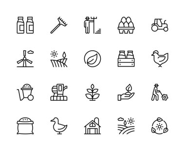 Tarım bağlantılı vektör doğrusal simgeleri ayarlandı. Çiftlik hayvanları, traktör, tarla, ekme, gübre gibi ikonlar içerir. Beyaz arkaplanda tarımla ilgili izole simgeler koleksiyonu.