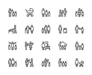 Aile bağlantılı vektör doğrusal simgeleri ayarlandı. Anne, baba, kız, oğul, büyükanne, büyükbaba, erkek kardeş gibi ikonlar içerir. Beyaz arkaplanda soyutlanmış aile simgeleri koleksiyonu.