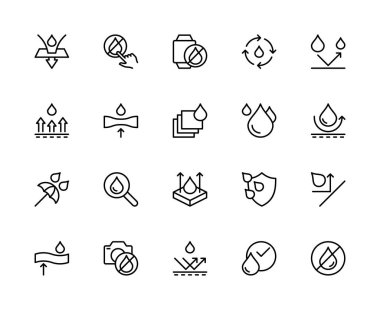 Suya dayanıklı vektör doğrusal simgeleri ayarlandı. İçlerinde su geçirmez, su geçirmez, yağmura dayanıklı, korunaklı ve daha fazlası var. Beyaz arkaplanda su geçirmez ikonlar koleksiyonu.