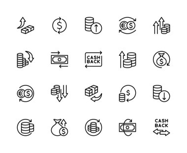 Para hareketi bağlantılı vektör doğrusal simgeleri ayarlandı. Ödeme, hareket, ok, gönderme, alma ve daha fazlası gibi ikonlar içeriyor. Beyaz arkaplanda izole para hareketi ilgili simgeler koleksiyonu.