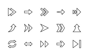 Düz oklar ile ilgili vektör doğrusal simgeleri ayarlandı. Yukarıdaki, aşağıdaki, çapraz, kıvrımlı, yuvarlak, dairesel, yeniden yükleme, tazeleme, paylaşma ve daha fazlası gibi izole simge koleksiyonu. İlgili okların izole simge koleksiyonu.