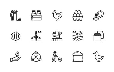 Tarım bağlantılı vektör doğrusal simgeleri ayarlandı. Hasat, hasat, mahsul üretimi, çiftlik hayvanları, traktör, tarla, ekin ve daha fazlası gibi izole ikon koleksiyonu. Tarımla ilgili izole ikon koleksiyonu.