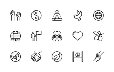 Dünyayla ilgili vektör doğrusal simgeleri ayarlandı. Barış sembolü, güvercin, zeytin dalı, tokalaşma, kalp, dünya, gezegen ve daha fazlası gibi izole ikon koleksiyonu. Barışla ilgili izole simge koleksiyonu.