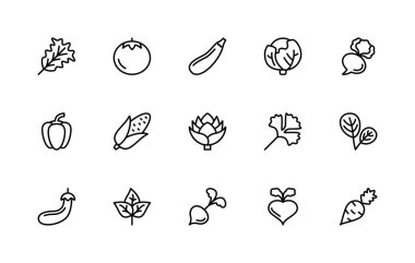Sebzelerle ilgili vektör doğrusal simgeleri ayarlandı. Salata, domates, ilik, lahana, şalgam, mısır, enginar ve daha fazlası gibi izole ikon koleksiyonu. İzole edilmiş sebze koleksiyonu.