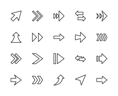Volumetrik oklar ile ilgili vektör doğrusal simgeler ayarlandı. Ok, hacimsel, yön, hareket, navigasyon gibi simgeleri içerir. Beyaz arkaplanda izole edilmiş okla ilgili simgeler koleksiyonu.