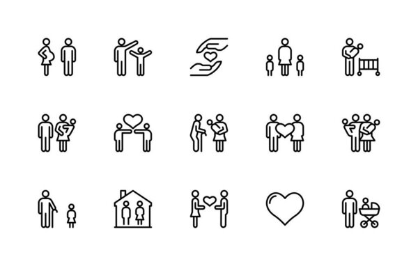 Family related vector linear icons set. Isolated icon collection such as parents, mother, father, children, newborn, heart, love, person, home and more. Isolated icon collection of family related.