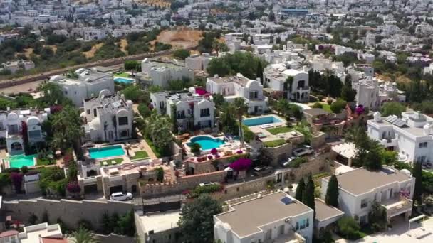 Widok Lotu Ptaka Luksusowe Domy Bodrum Turcji Białe Budynki Ulice — Wideo stockowe