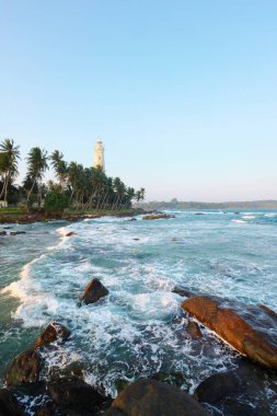 Dondra, Sri Lanka - 23.01.2023. A white Dondra Head Lighthouse among the green palms on the rocky oceanic coast. Hidden gem of Sri clipart