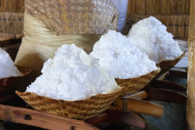 Natural oceanic organic salt mined by hand in Bali village. Traditional sea salt harvesting. clipart