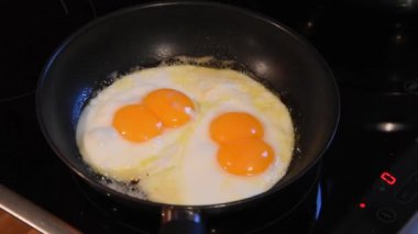 Bir yumurta, iki yumurta sarısı. İki yumurta sarısıyla çırpılmış yumurta pişirmek. Yüksek kaliteli FullHD görüntüler
