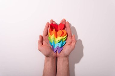 Sevgililer günü kartı üst görünümü beyaz arka plan kırmızı kalpler bayram kutlaması asgari soyut kurumsal çerçeve mutlu model kutlama dekorasyonu izole edilmiş rengarenk Igbt bayrağı