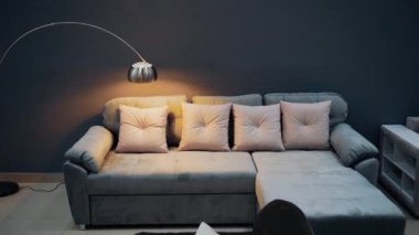 Living room decorated in a modern style with a gray sofa and decorative pillows, lit by a tall lamp on the right. 4k video.
