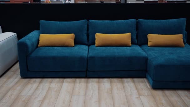 Blue Sofa Yellow Decorative Pillows Set Office Video — стоковое видео