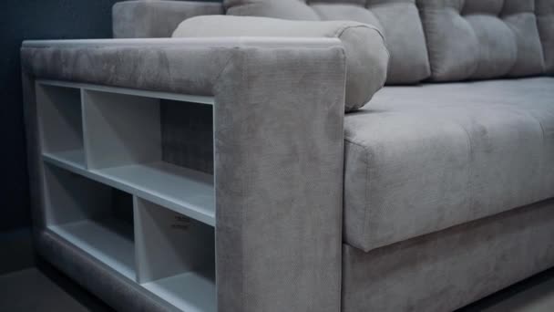 Gray Sofa Decorative Pillows Sofa Equipped White Side Shelves Video — стоковое видео