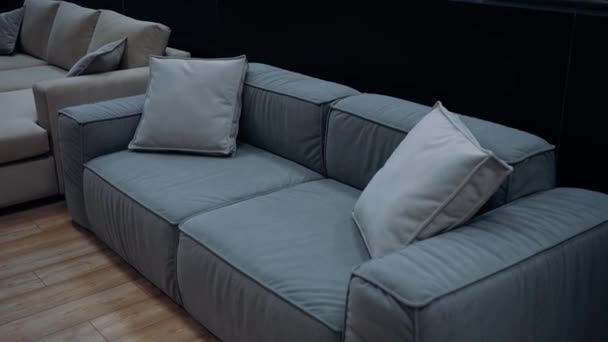 Blue Sofa Gray Cushions Slow Shot Video — Video Stock
