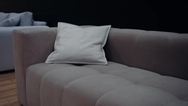 Slow Motion Shot Brown Couch Medium Sized Beige Cushions Video — Vídeos de Stock