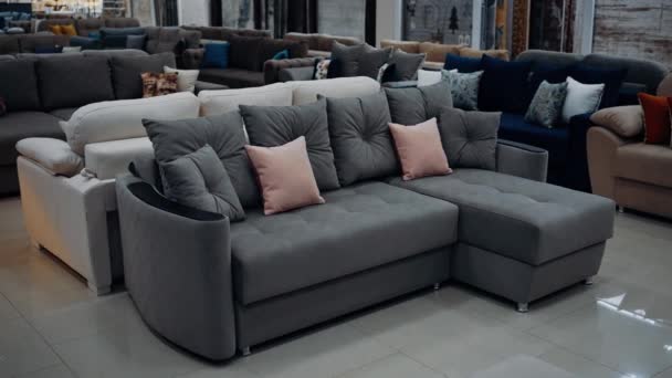 Comfortable Sofa Gray Red Cushions Arranged Furniture Store Video — Vídeos de Stock