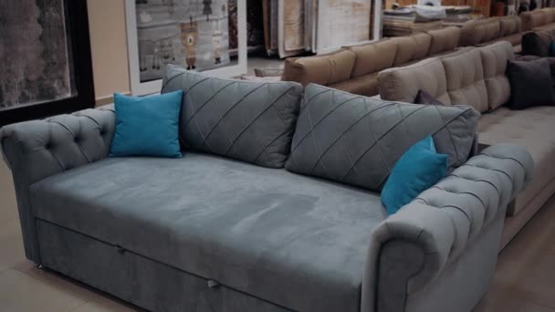 Slow Shot Filmed Sofa Shop Front Comfortable Couch Small Blue — Video Stock