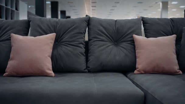グレーのソファは グレーとベージュの装飾枕で クローズアップ撮影 家庭装飾の概念は ミニマリスト 4Kスローモーションビデオ ロイヤリティフリーストック映像