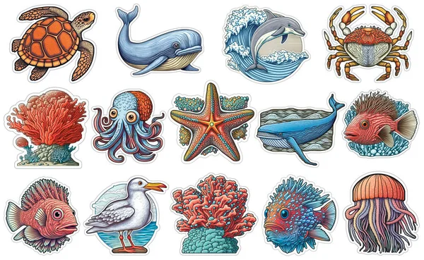 Set of cute cartoon stickers with sea animals, icons underwater life, ocean animals, wildlife