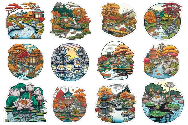 一套漫画贴纸 附有东方日本秋季花园及池塘的图解 — 图库照片