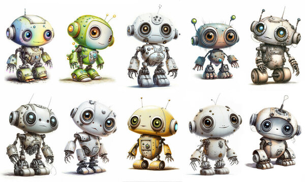 Set of robot with different emotions, cartoon illustration, cute characters, cyborg, bot, digital art