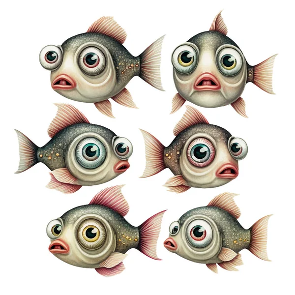 Cute cartoon fishes with big eyes, character design, different poses and emotions, isolated on white background