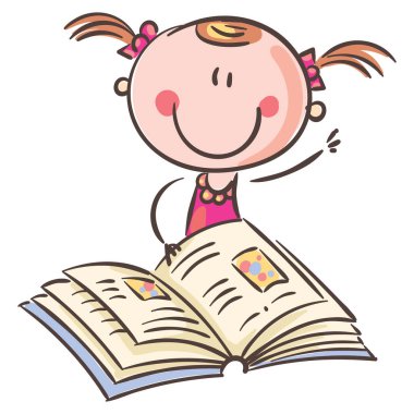 Çizgi filmci kız kitap okuyor. Beyaz, vektör klipsi sanat illüstrasyonuna izole edilmiş