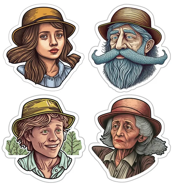 Old Young People Portraits Faces Close Cartoon Retro Stickers Generative — Fotografia de Stock