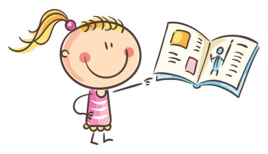 Karikatür kızı bir kitap gösteriyor, vektör karikatür resim çizimi