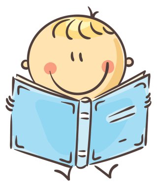 Çizgili çocuk kitap okuyor, yerde oturuyor, beyaz üzerinde izole edilmiş, vektör illüstrasyonu.