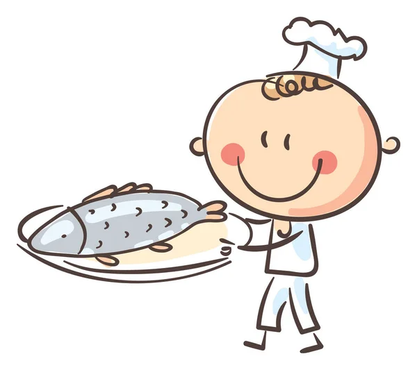 Kid Cook Preparing Fish Cartoon Clipart Vector Illustration — Vetor de Stock