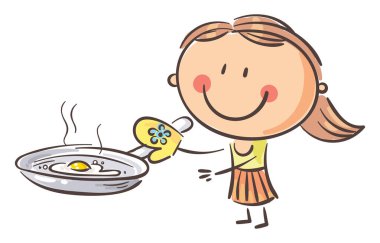 Cartoon girl preparing fried eeg, child cooking food, vector illustration clipart