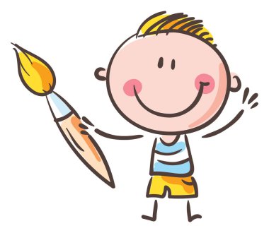 Doodle boy holding paint brush. Kid creative activities clipart, isolated on white background, vector illustration.