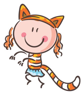 Doodle girl in a fox costume. Kid creative activities clipart, isolated on white background, vector illustration.
