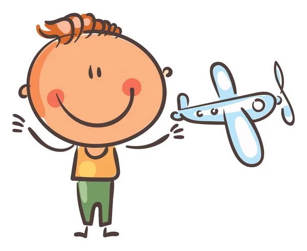 飛行機のおもちゃで遊んでいる小さな漫画の少年 子供の創造的な活動は 白い背景に隔離されたクリップ ベクトルイラスト — ストックベクタ