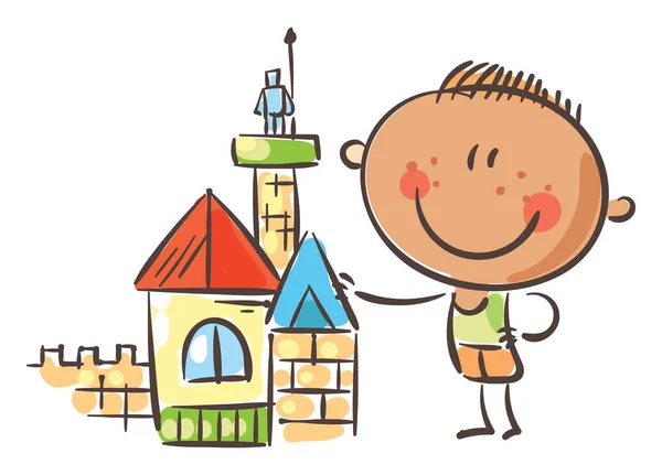 Cartoon Happy Boy Playing Blocks Kid Creative Activities Clipart Isolated — Vetor de Stock