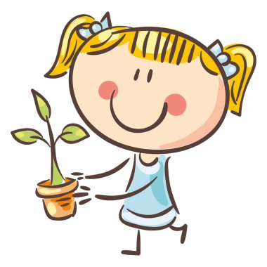 Doodle girl holding a plant in a pot on a white background. Gardening, nature, ecology clipart. Vector illustration
