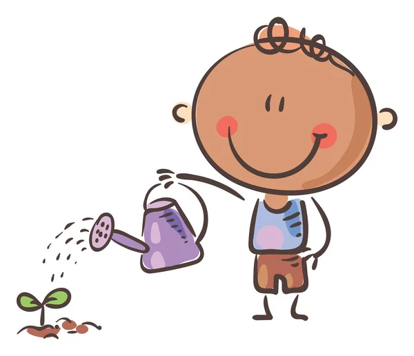Doodle Kid Watering Plant Gardening Saving Ecology Nature Isolated White — Archivo Imágenes Vectoriales