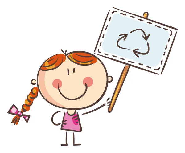 Girl Holding Sign Recycle Symbol Vector Illustration Cartoon Style Kid — Vetor de Stock