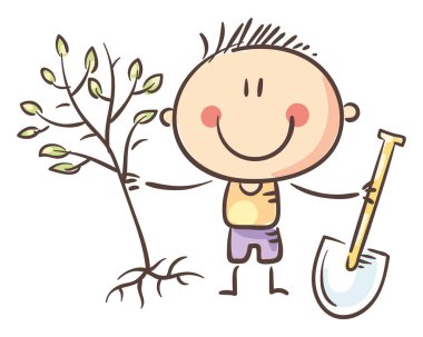 Cartoon little boy planting a tree with a shovel. Vector illustration, gardening, holding spade. Nature saving. Vector illustration