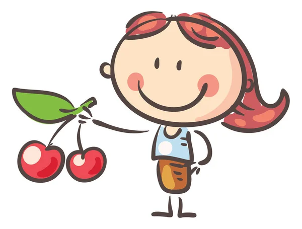 Kid Fruit Healthy Food Cartoon Girl Holding Cherry Isolated White — Vetor de Stock