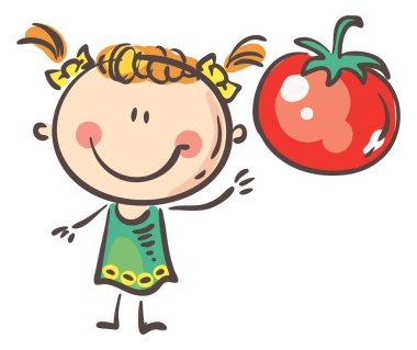 Doodle kid with tpmato. Healthy lifestyle, eco food. Isolated on white background. Vector clipart illustration.