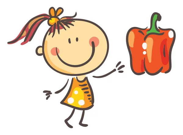 Cute Little Cartoon Girl Vegetable Paprica Healthy Food Kid Vector — Vetor de Stock