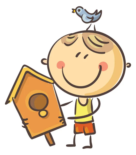 Doodle Cartoon Little Boy Holding Bird House Kid Clipart Isolated — Vetor de Stock